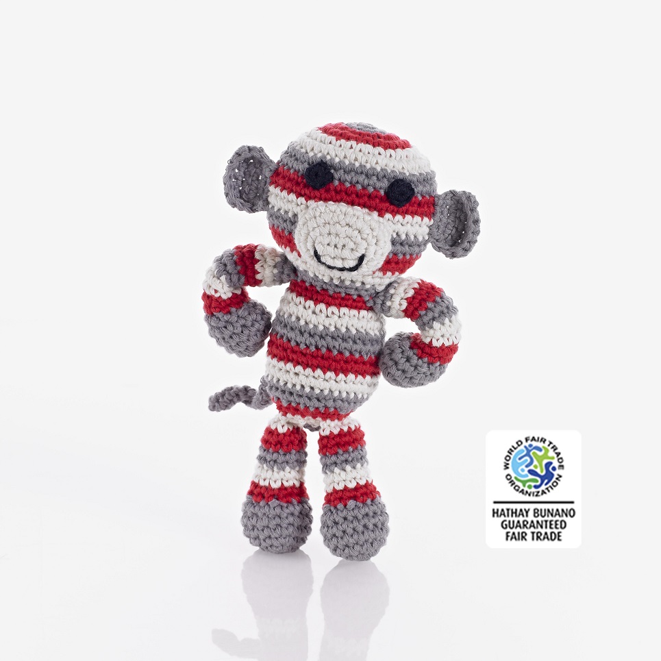 Fair Trade Crochet Red Monkey Rattle with red, grey and white stripes